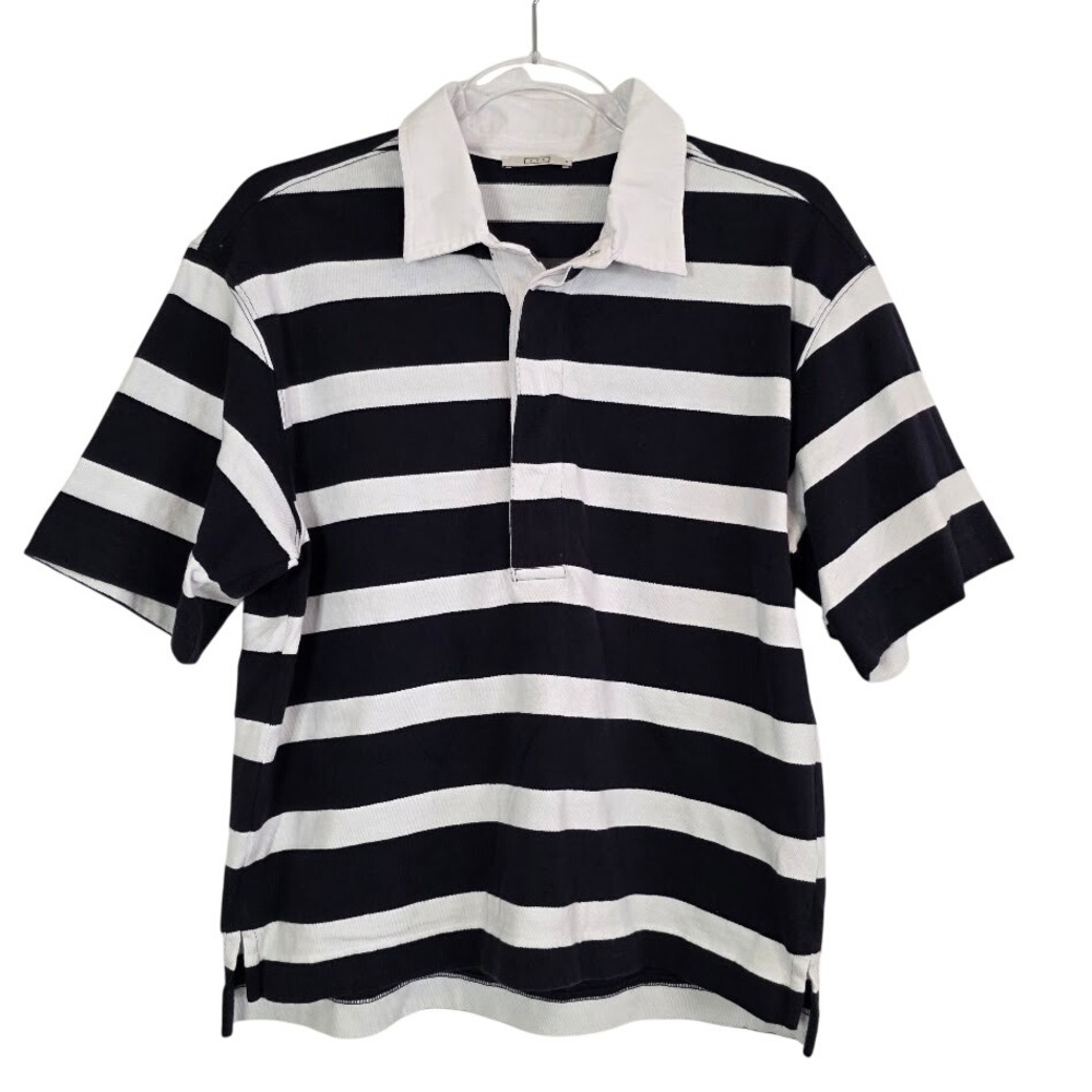 AYR Womens M Rugby Shirt Navy Blue White Striped Short Sleeve Cotton Polo - Picture 2 of 11